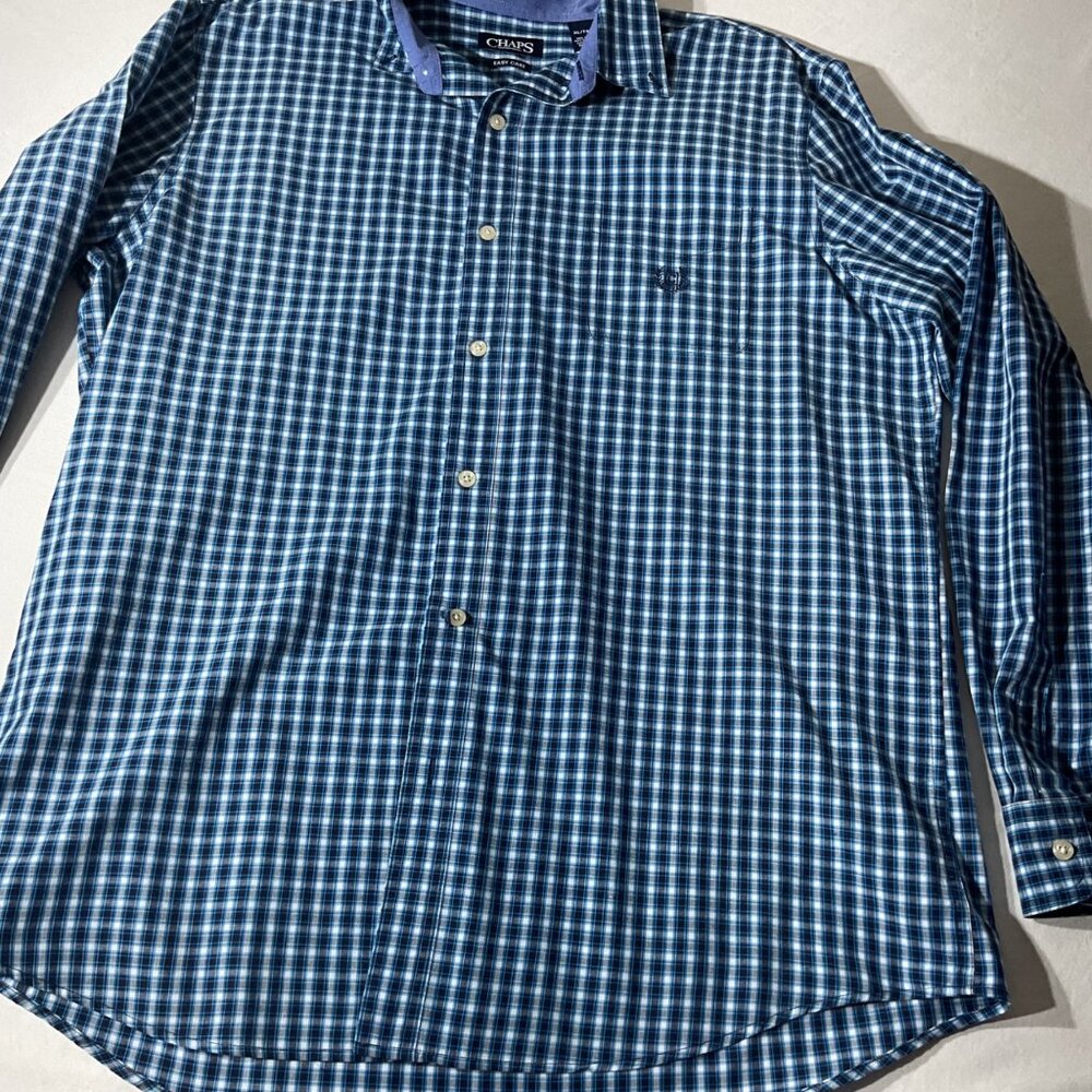 Chaps Mens Blue Plaid Long Sleeve Button-Up Shirt XL Easy Care Cotton Blend